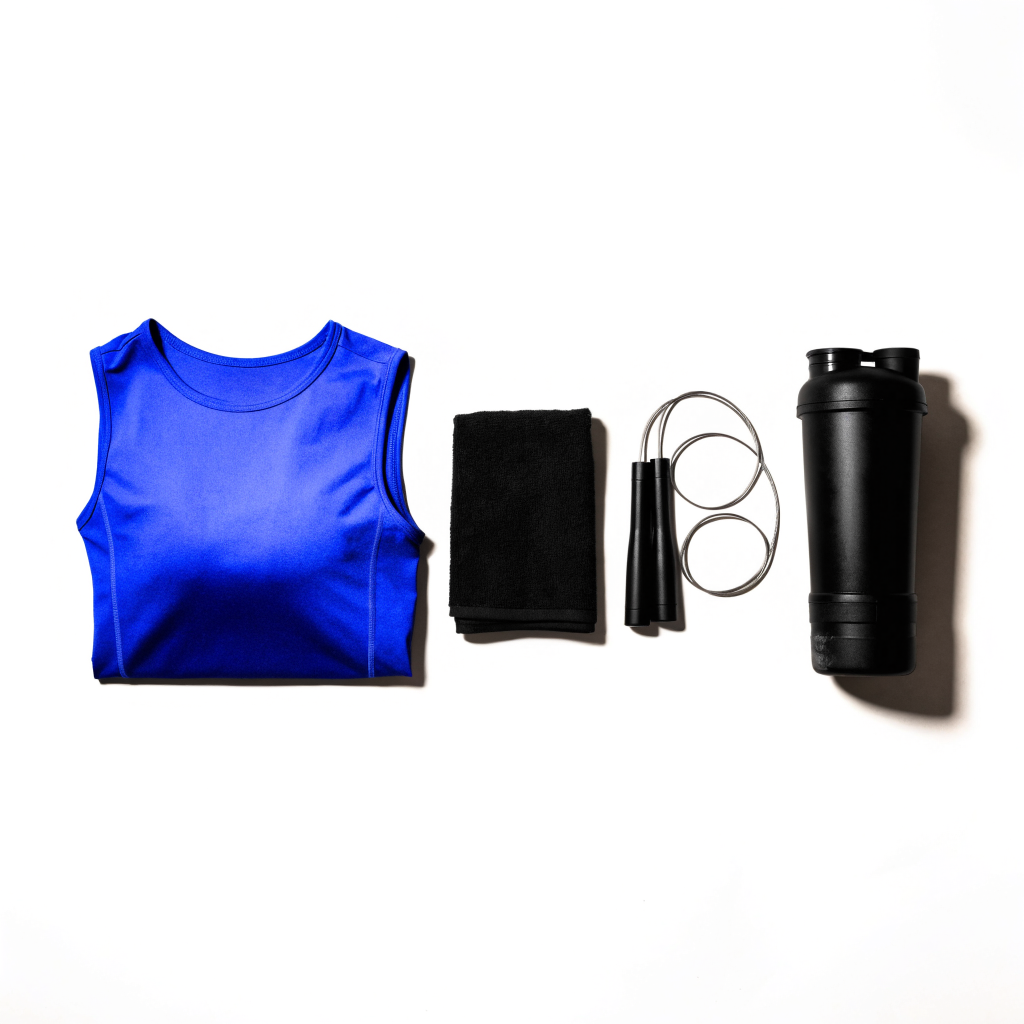 Conditioning Kit contents: sauna sweat vest, travel towel, speed jump rope, protein shaker bottle