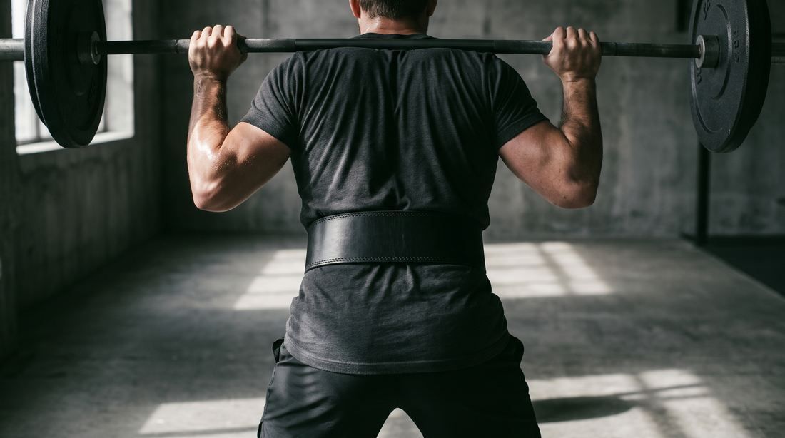 A lifter squatting while wearing a black leather weightlifting belt
