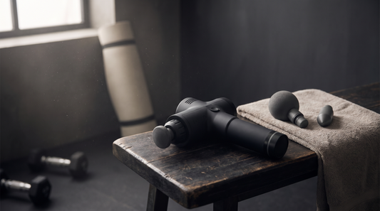 A percussion massage gun on a bench beside two interchangeable heads