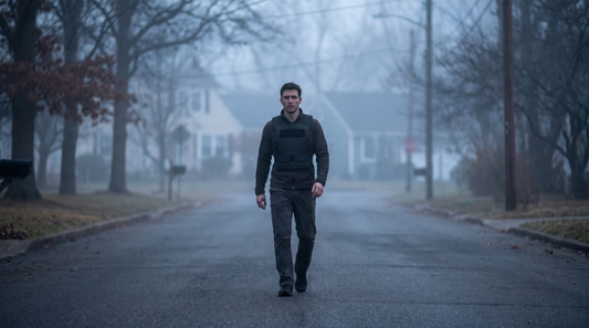A man walking outdoors at first light wearing a black weighted vest