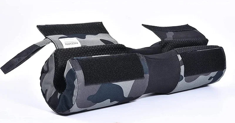 Camouflage padded barbell wrap with hook-and-loop straps