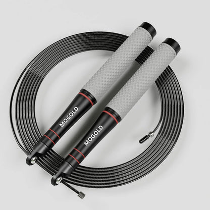 Speed jump rope with ball bearings and anti-slip grips