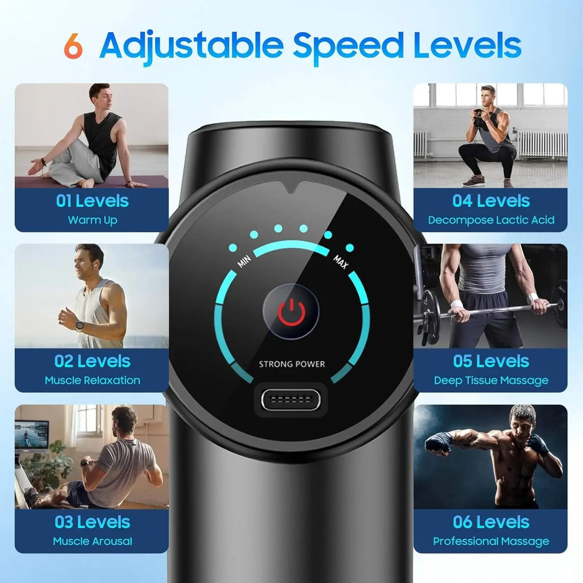 Massage gun LED touch display with 6 adjustable speed levels