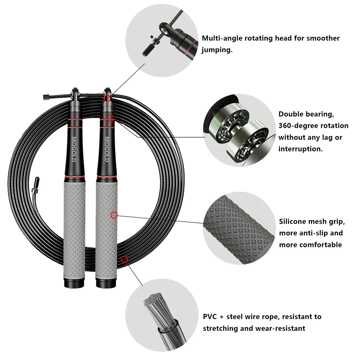 Speed jump rope features: rotating head, dual bearings, silicone grip, coated steel cable