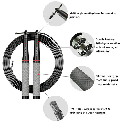 Speed jump rope features: rotating head, dual bearings, silicone grip, coated steel cable