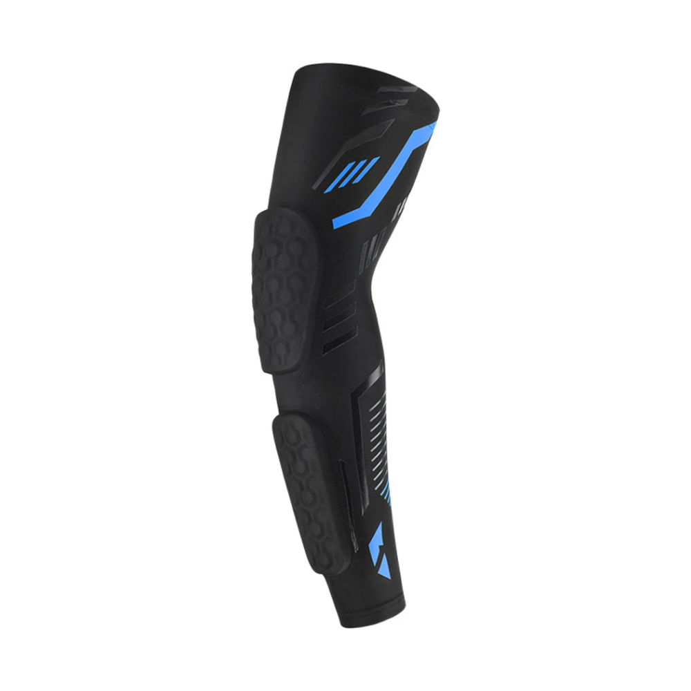 Padded elbow compression sleeve in black and blue