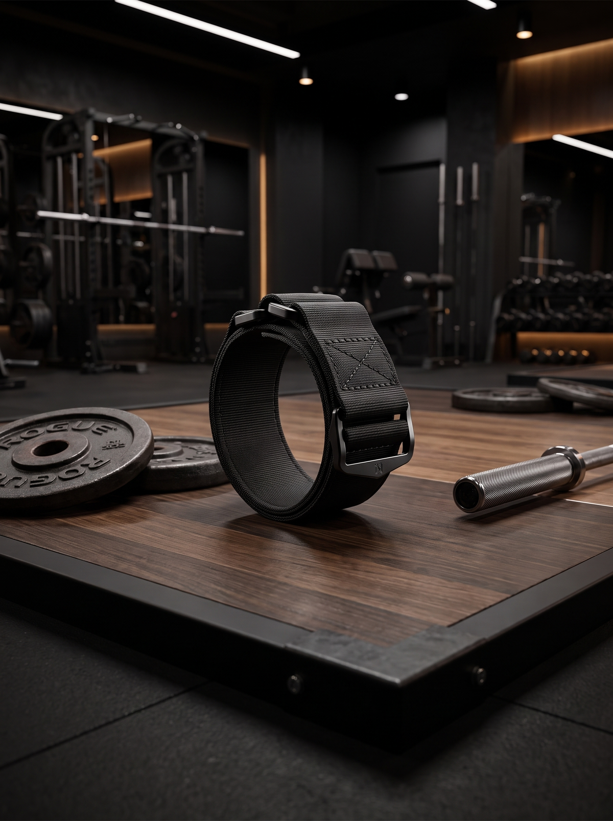 Barbell collars resting on a lifting platform