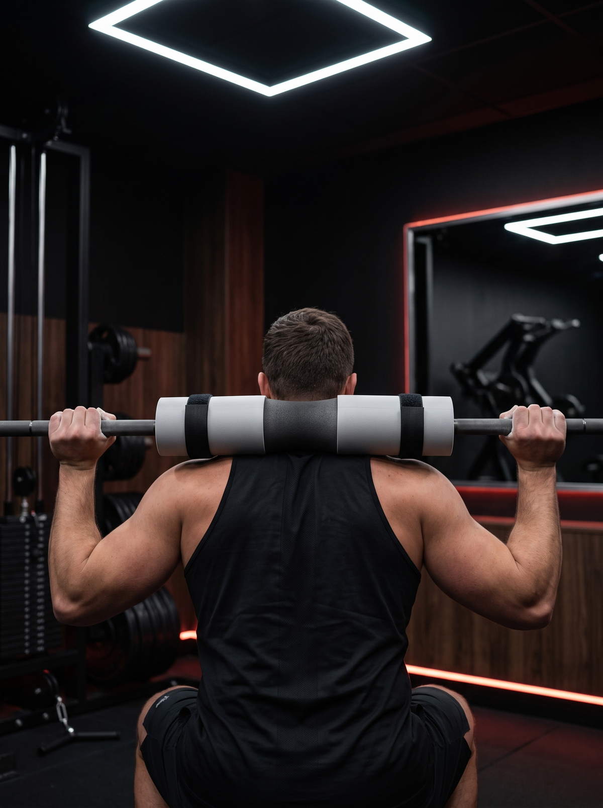 Barbell pad across the traps during a squat