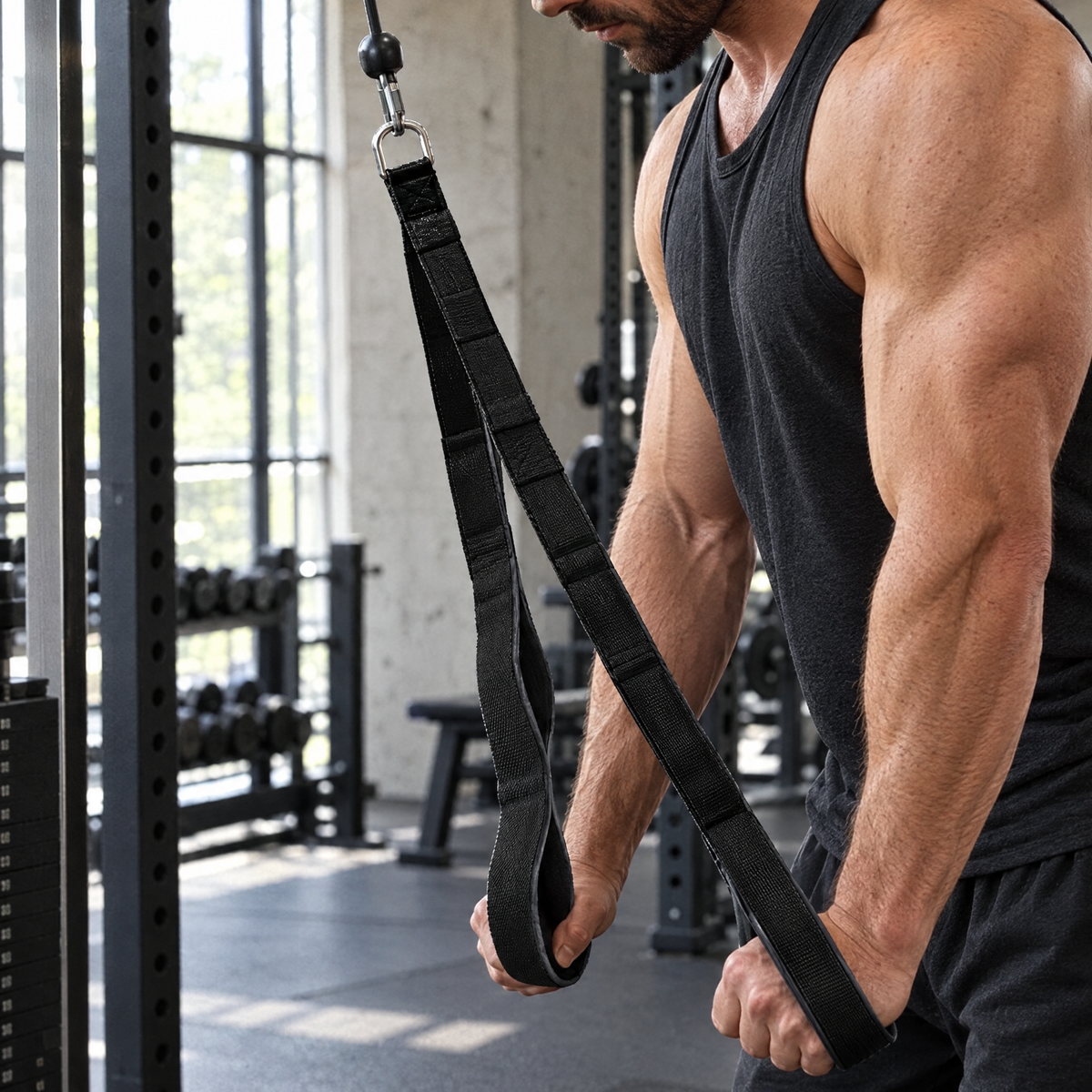Extra Long Tricep Rope in use at the gym