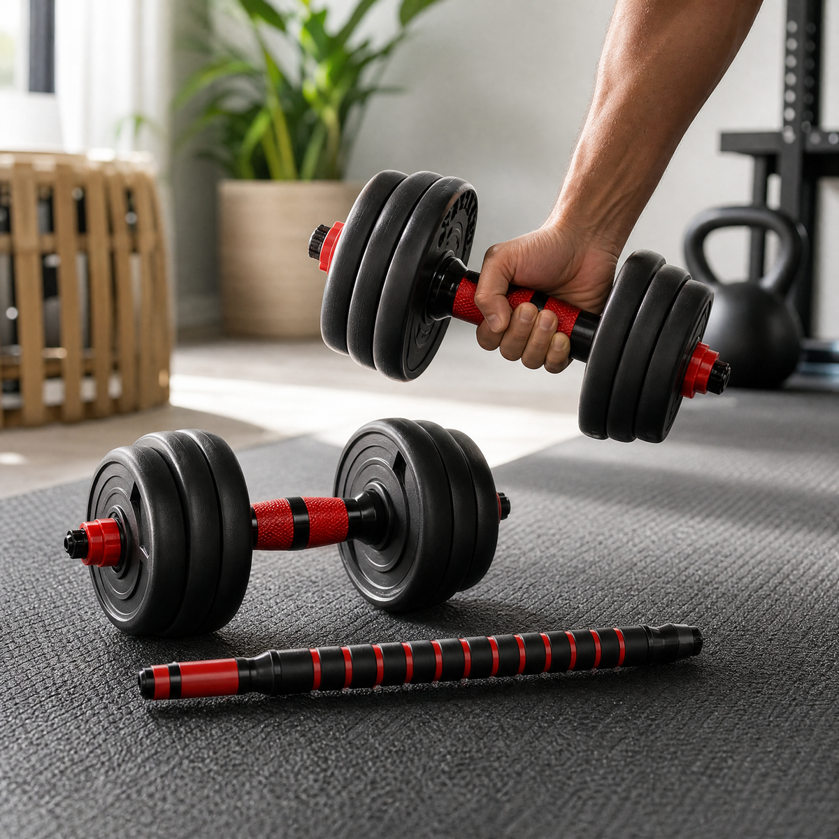 Adjustable dumbbell to barbell set on a home gym floor