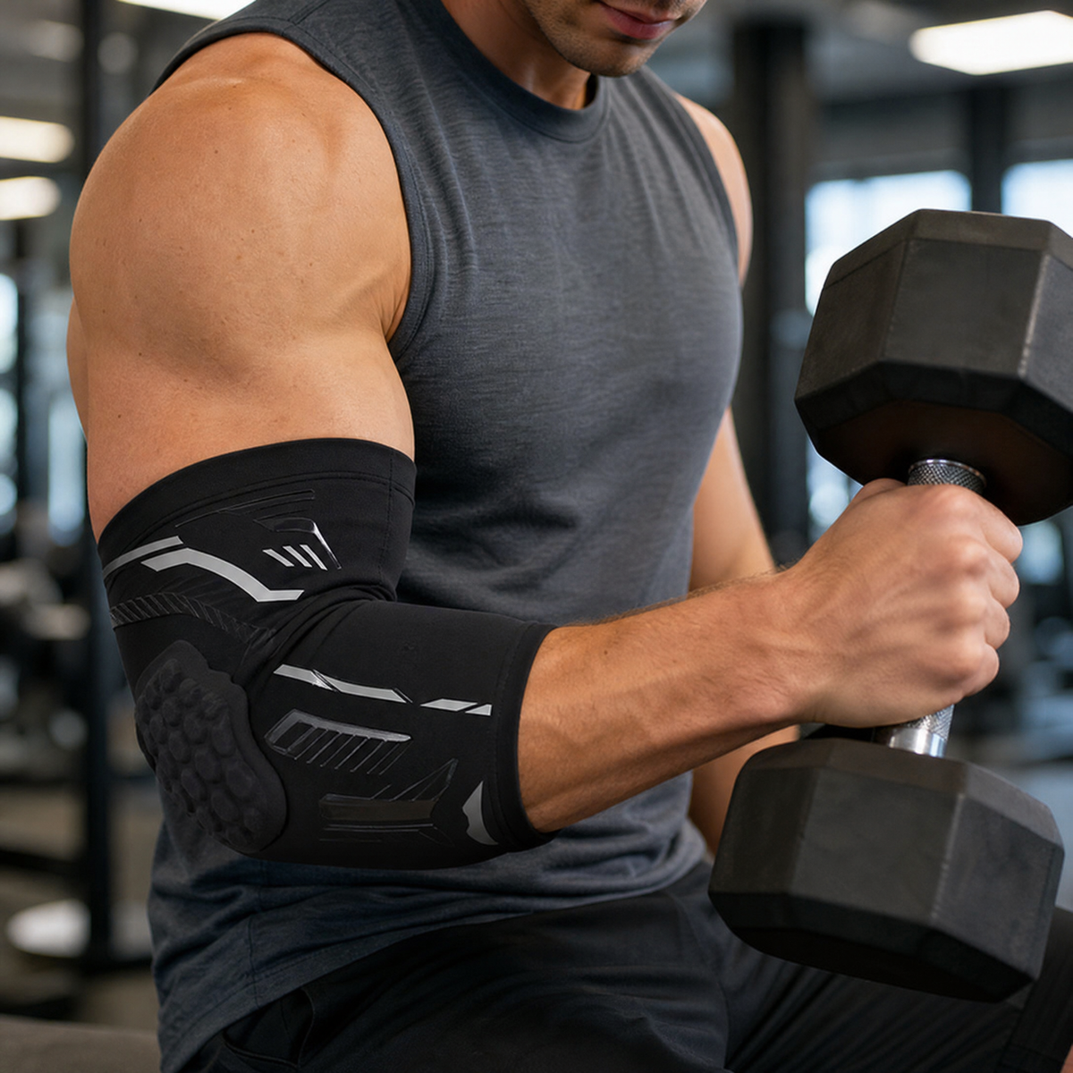 Padded elbow sleeve worn during dumbbell curls