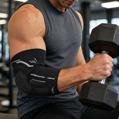 Padded elbow sleeve worn during dumbbell curls