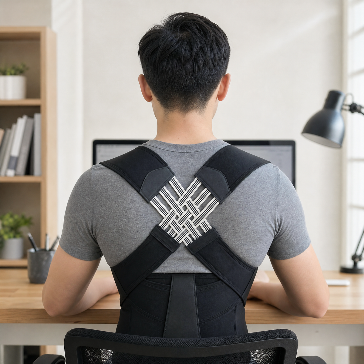 Posture corrector belt worn at a home office desk