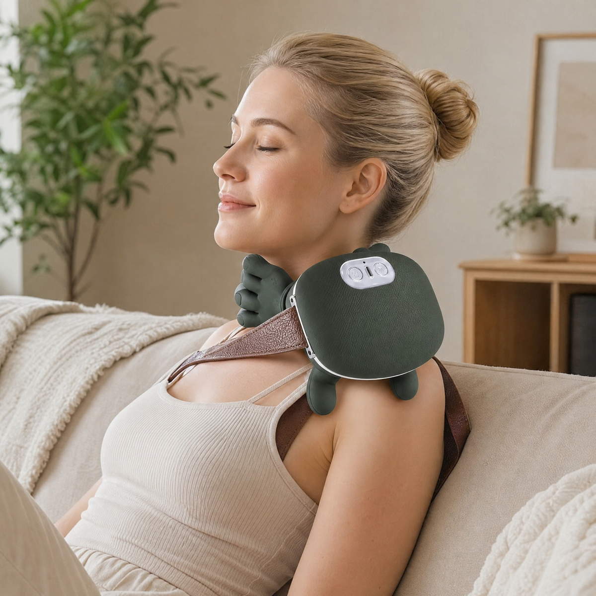 Rechargeable neck and shoulder massager worn on the couch