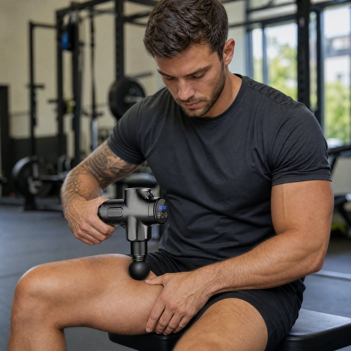 Massage gun used on the quad after a gym session
