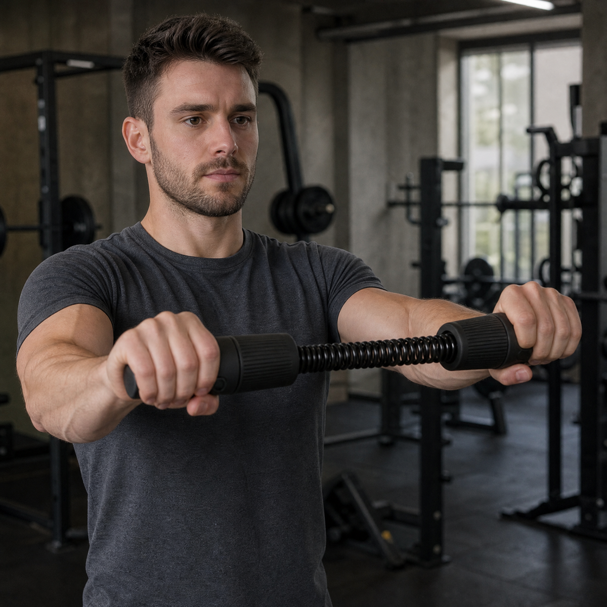 Adjustable wrist roller forearm trainer in use at the gym