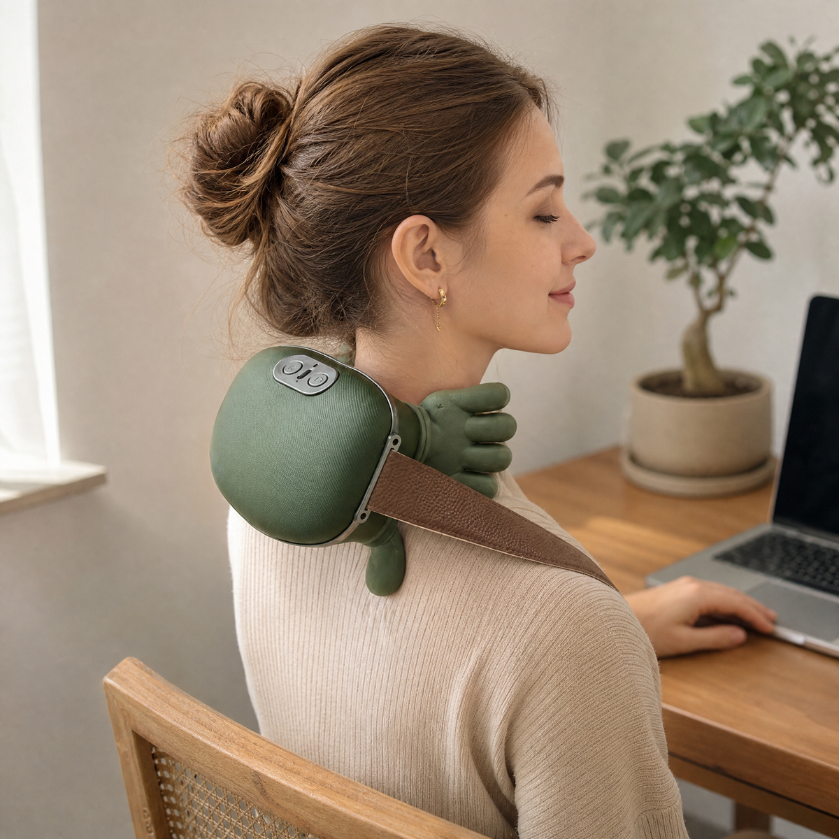 Wireless neck and shoulder massager worn at a desk