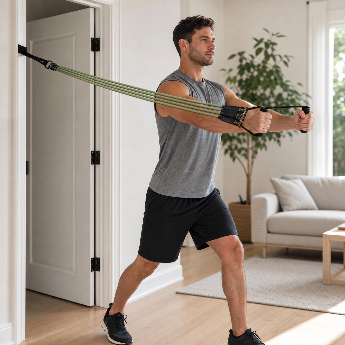 Resistance band set with handles anchored in a doorway