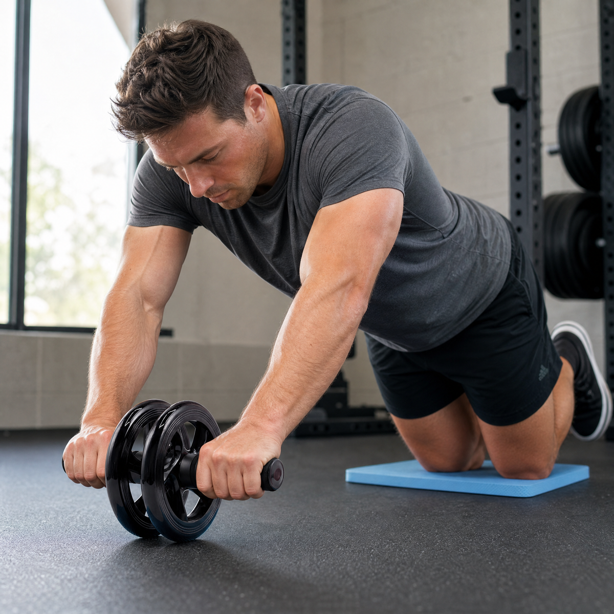 Double wheel ab roller rollout with knee mat