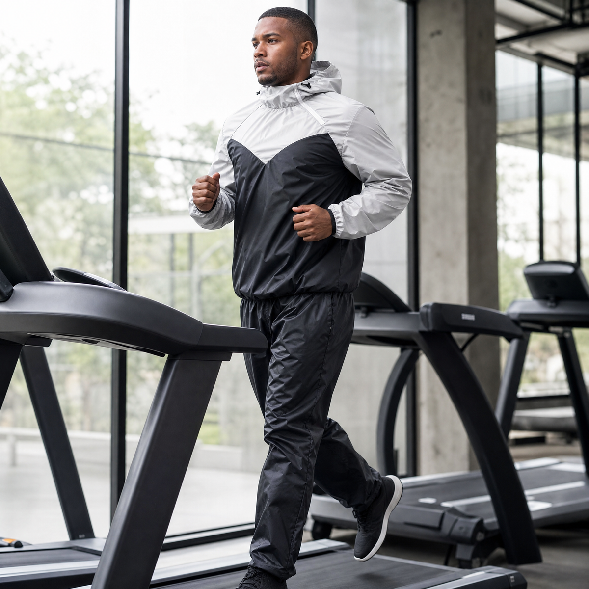 Two-piece sauna suit worn on a treadmill