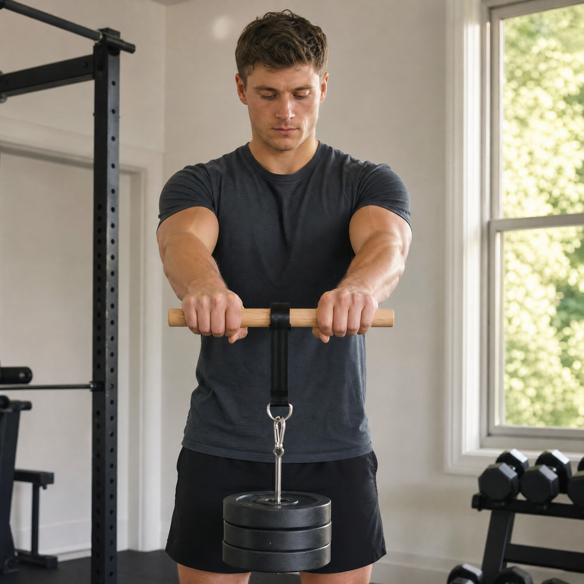Wooden wrist roller lifting a weight plate