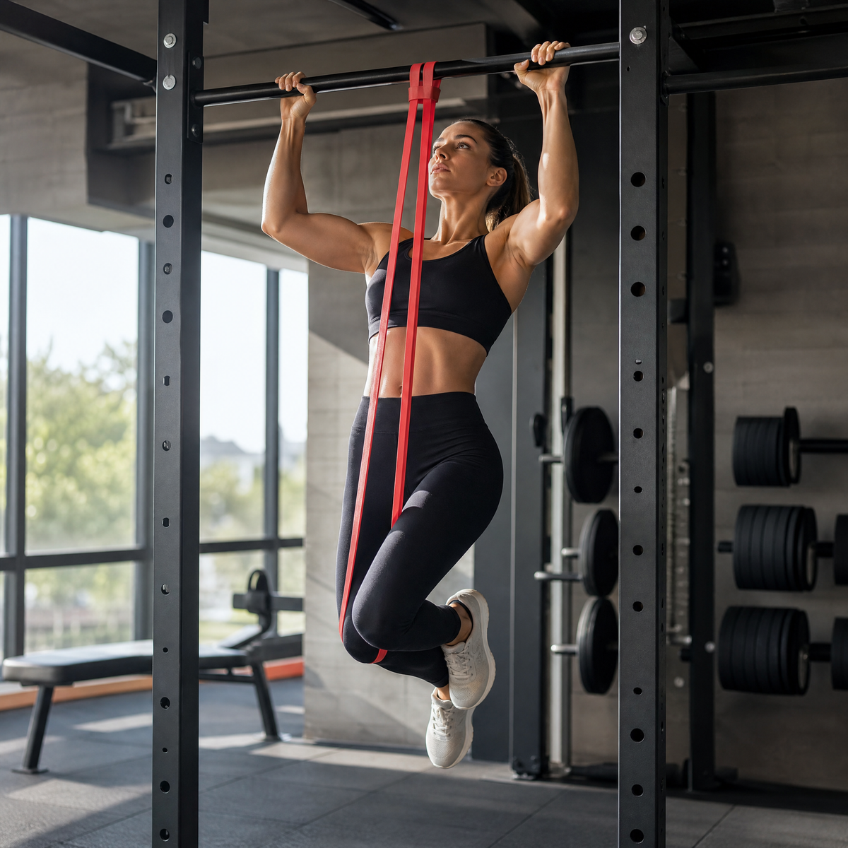 Pull up assist band on a pull-up bar in the gym