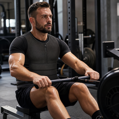 Neoprene zip sauna vest worn during a rowing warm-up