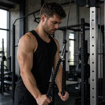 Man doing cable tricep pushdowns with the tricep rope