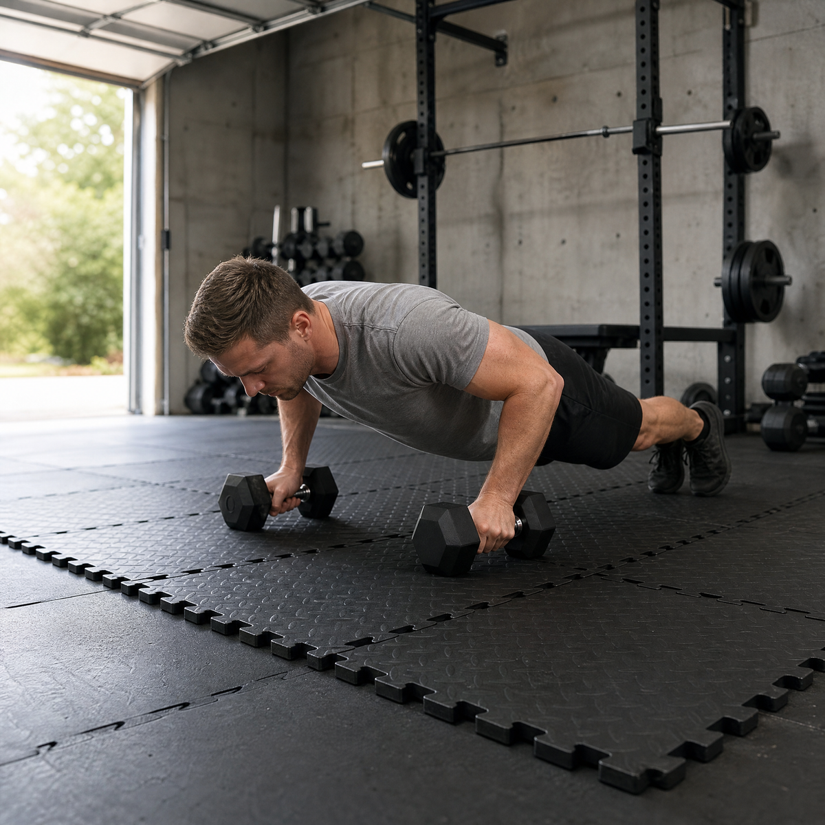 Interlocking black foam floor tiles in a garage gym
