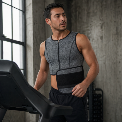 Man wearing the zip sauna vest in the gym