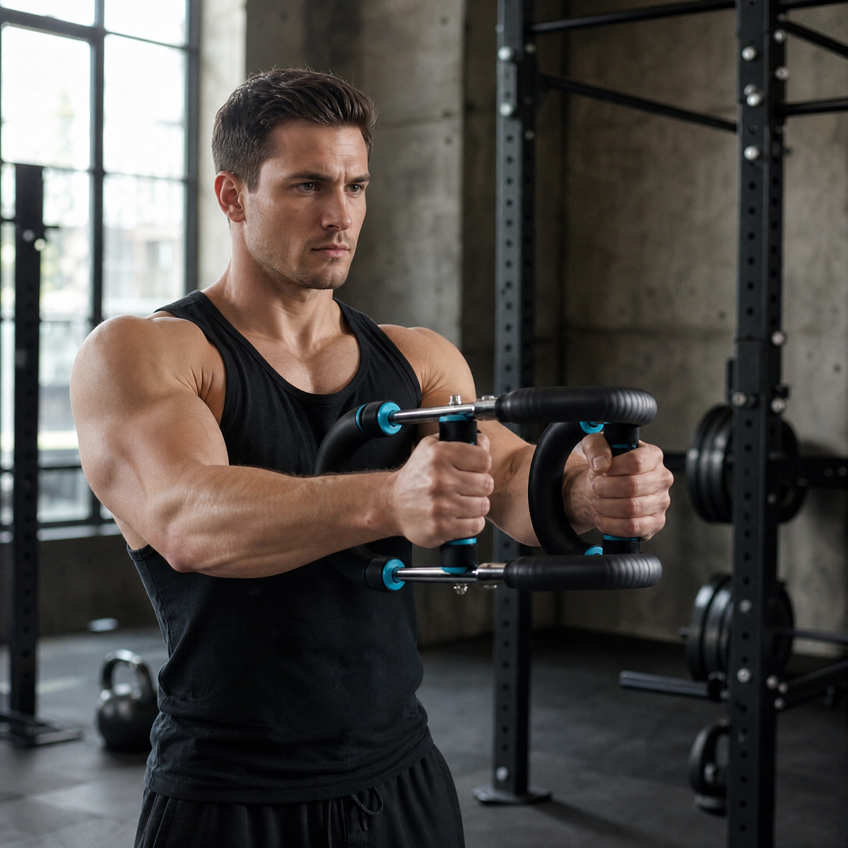 Man squeezing the power twister bar at chest height