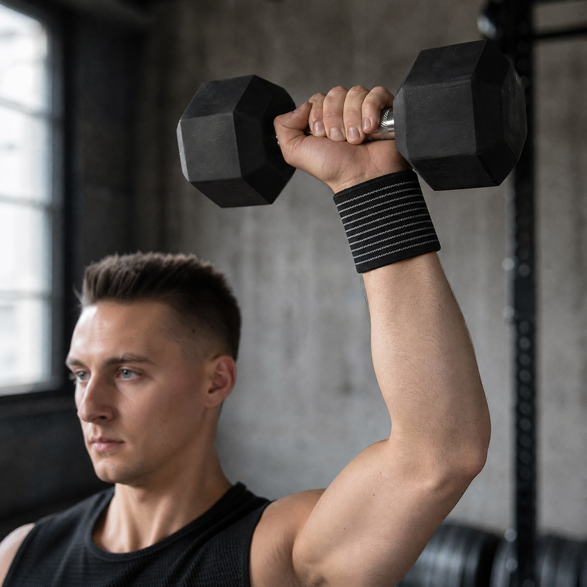 Wrist wrap worn during a dumbbell overhead press