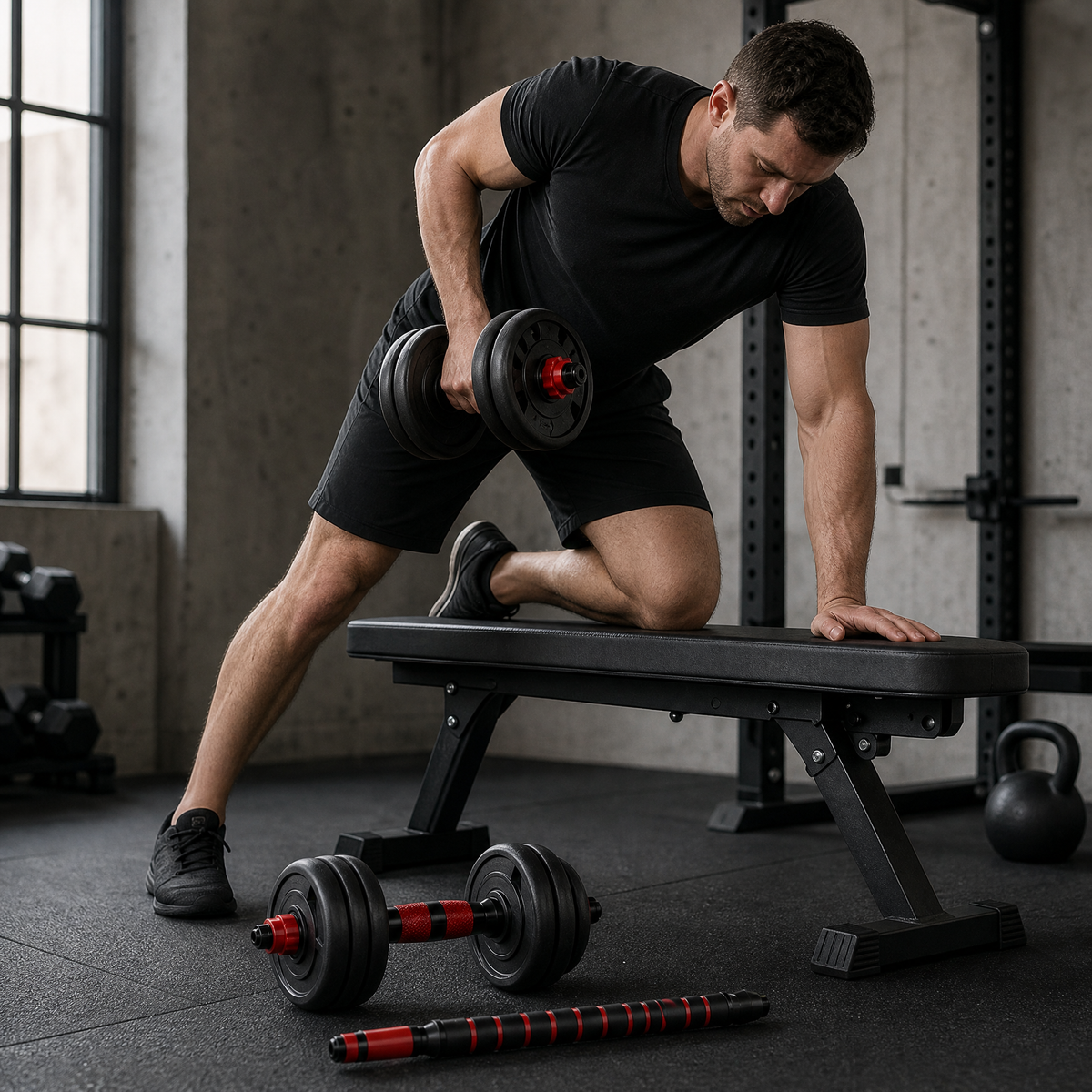 Man doing a dumbbell row with the adjustable dumbbell set
