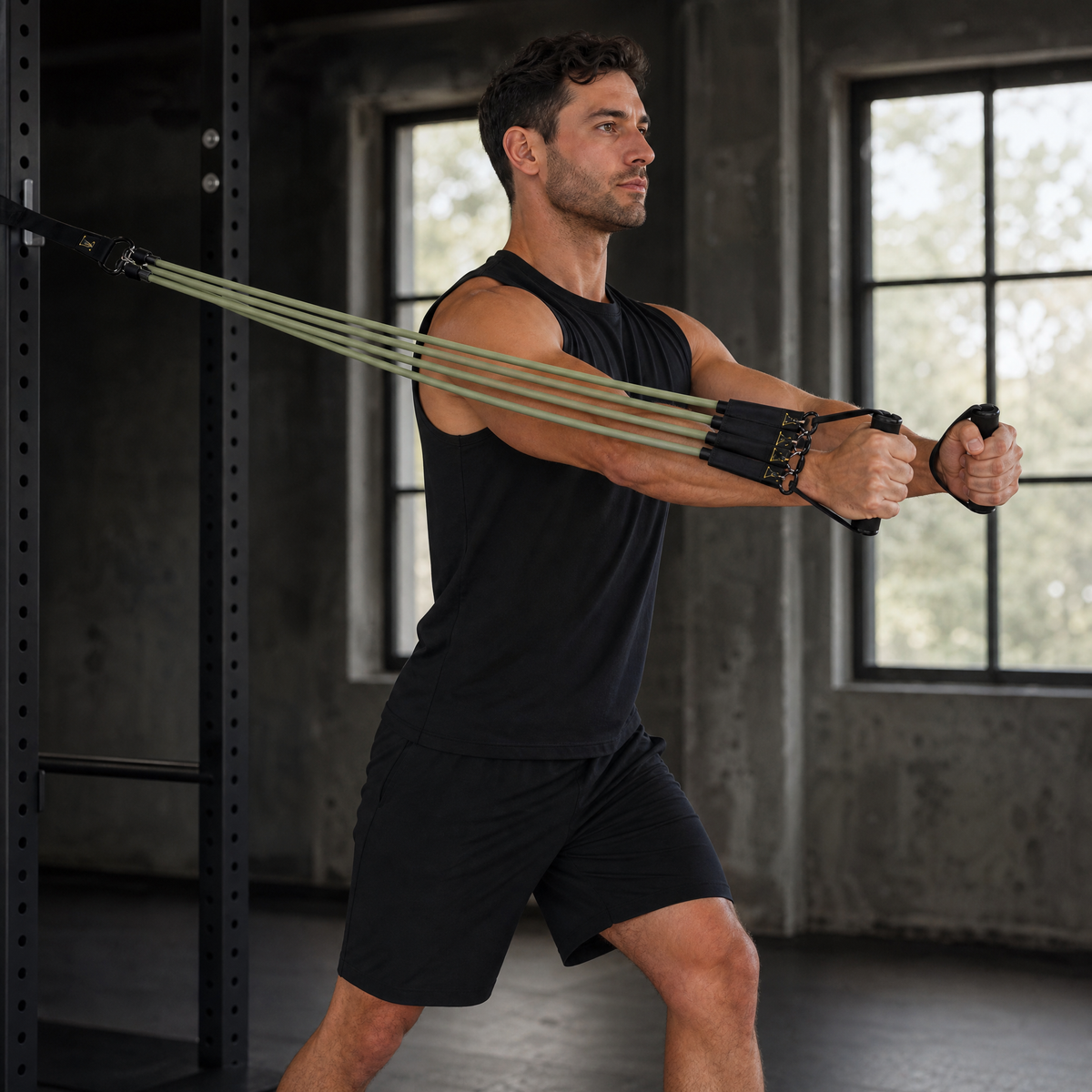 Man doing a standing chest press with the resistance bands