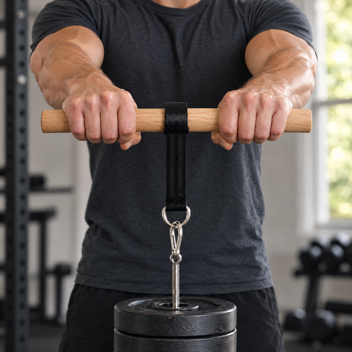 Wooden handle wrist roller forearm trainer in use