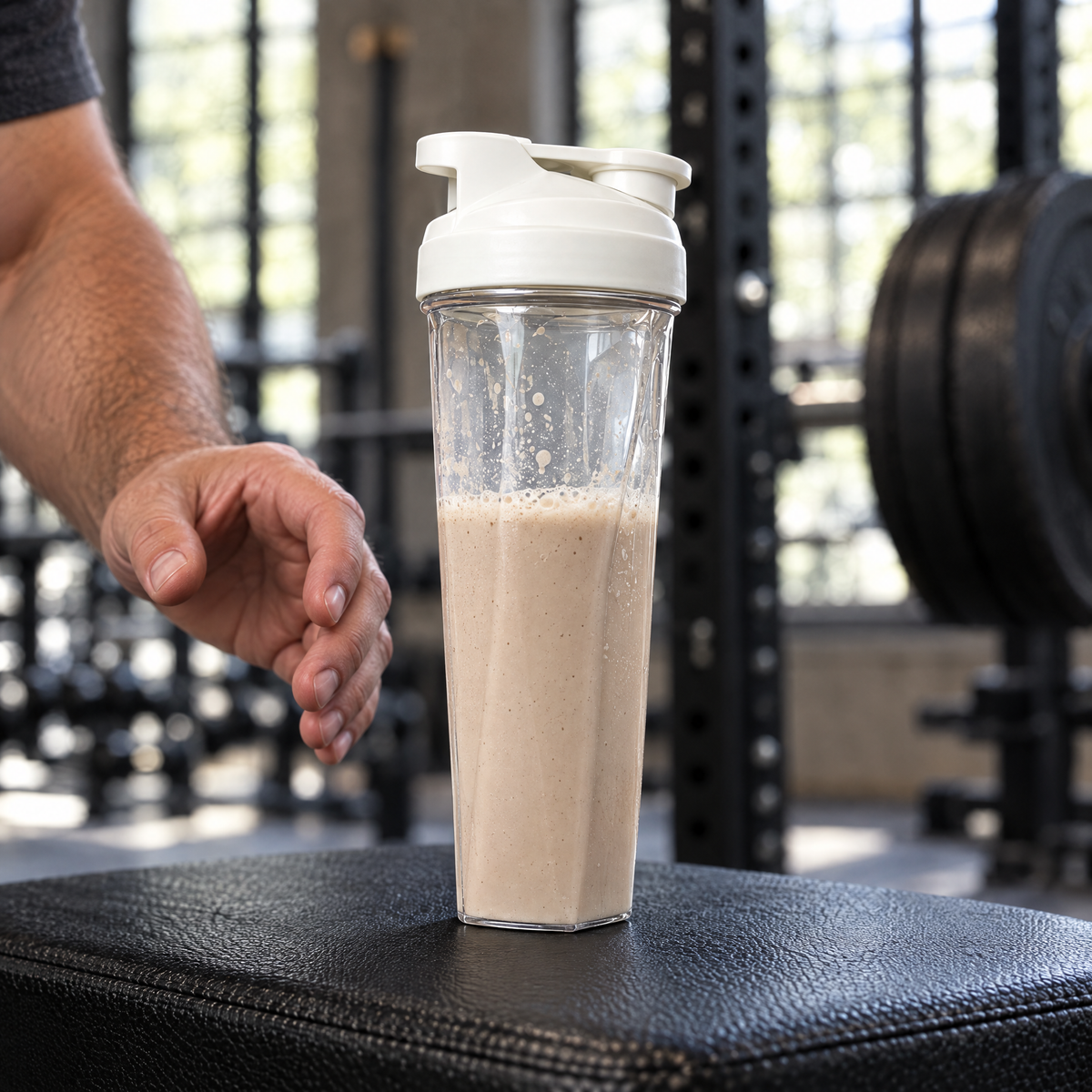 600ml protein shaker bottle on a gym bench