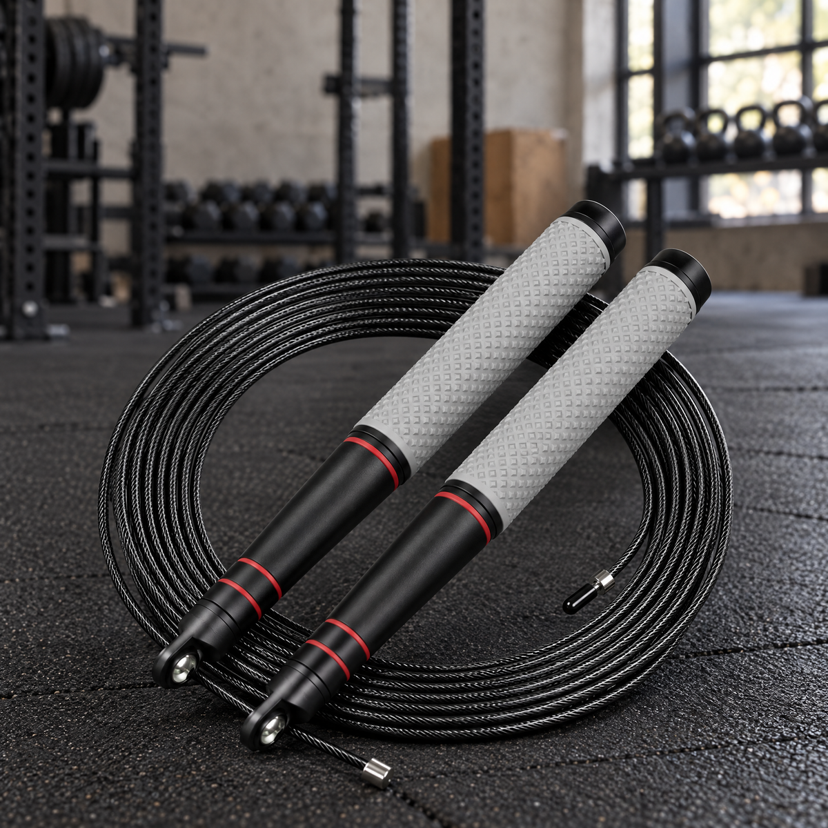 Steel cable speed jump rope with gray grips coiled on a gym floor