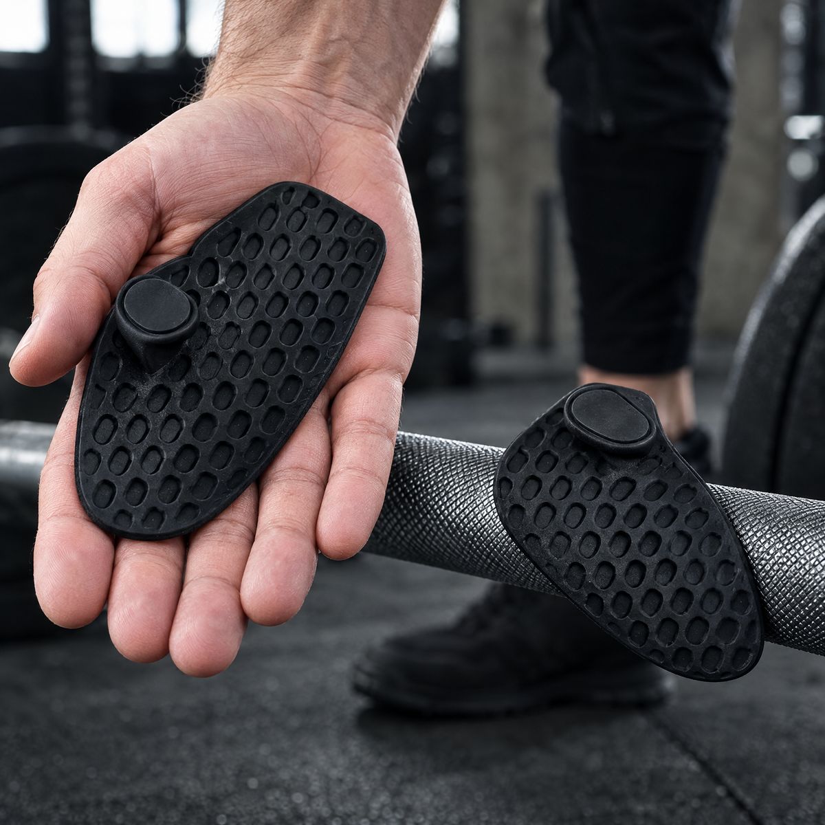Honeycomb silicone lifting grip pads in hand and on a barbell