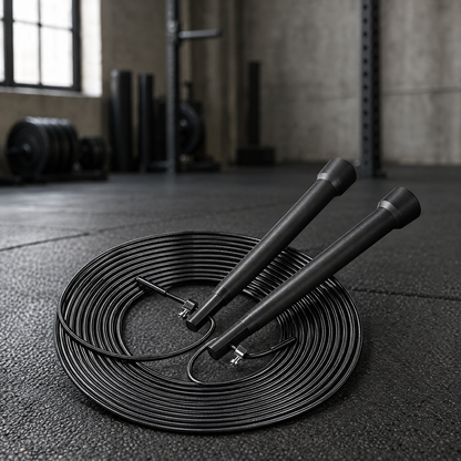 Beginner jump rope with slim black handles coiled on a gym floor