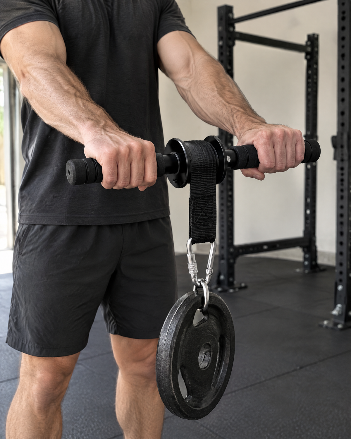 Thick Grip Wrist Roller in use in a home gym