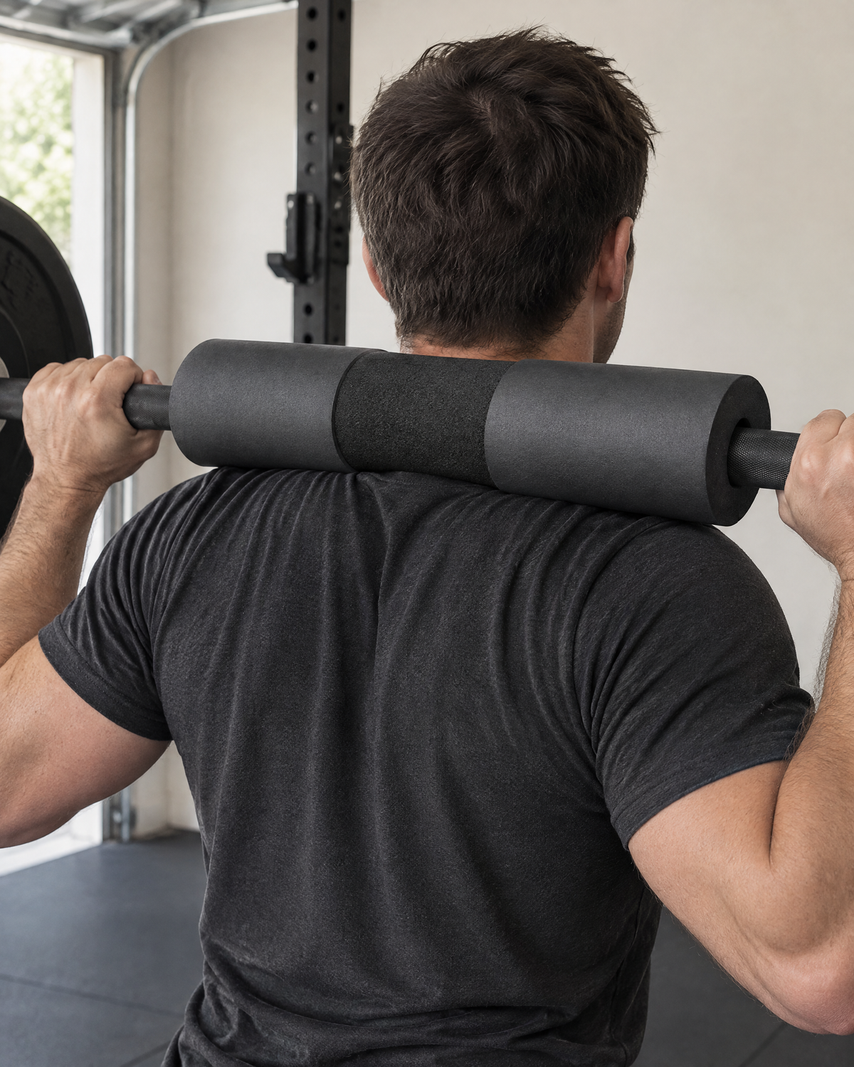 Foam Squat Pad on a barbell in a home gym