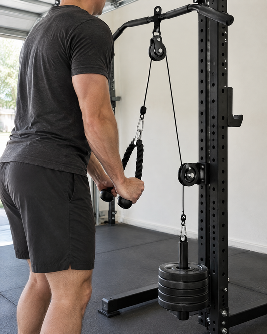 Cable Pulley System set up on a power rack in a home gym