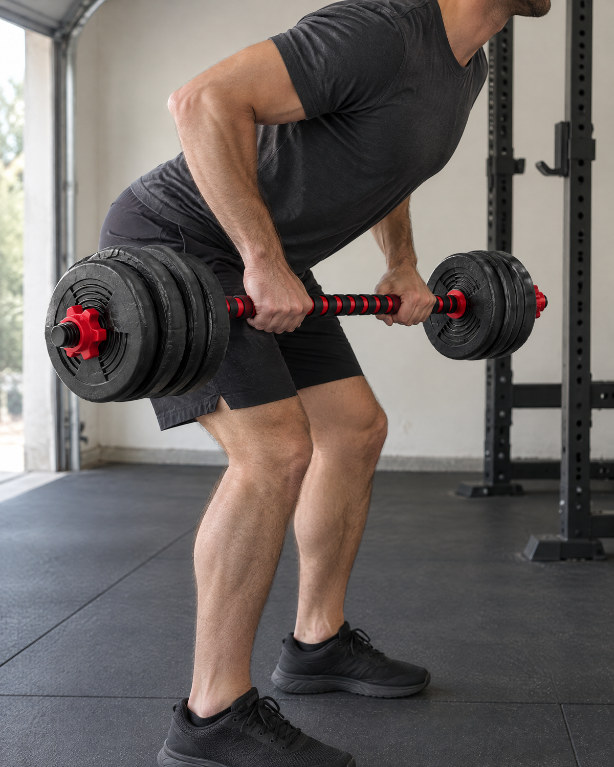 Adjustable Dumbbell Set used as a barbell for rows