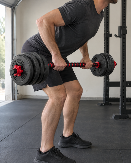 Adjustable Dumbbell Set used as a barbell for rows