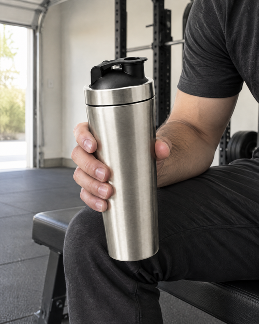 Stainless Steel Shaker Bottle in a home gym