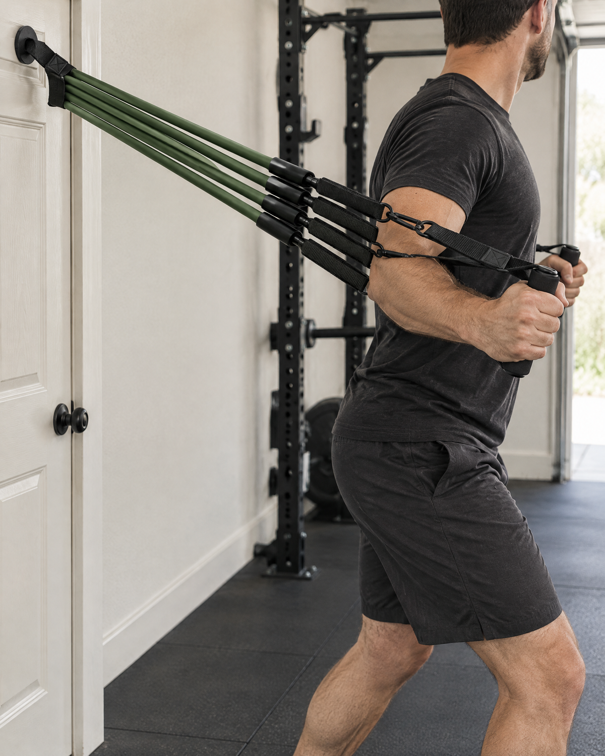 Resistance Bands with Handles and door anchor in use