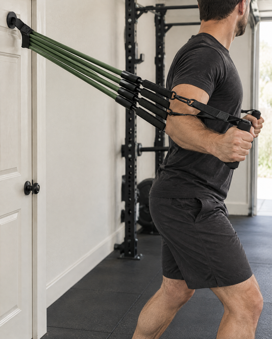 Resistance Bands with Handles and door anchor in use