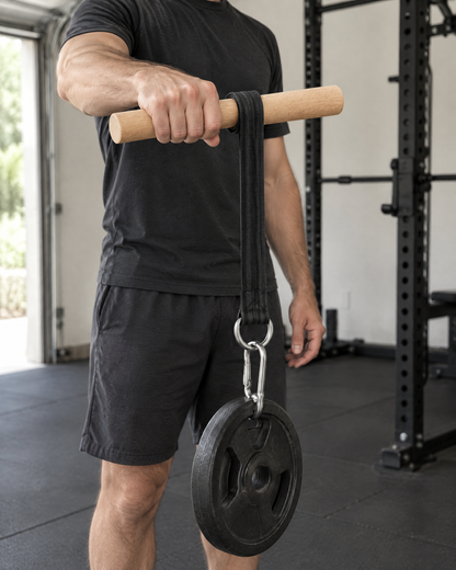 Wooden Wrist Roller in use in a home gym