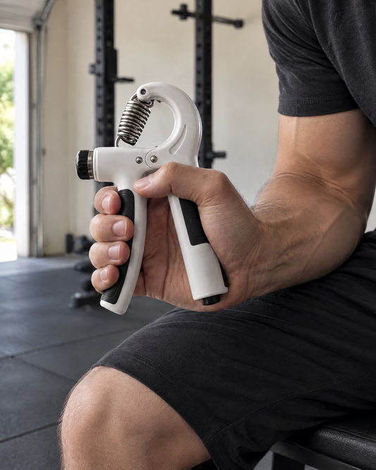 Adjustable Hand Grip Trainer in use in a home gym
