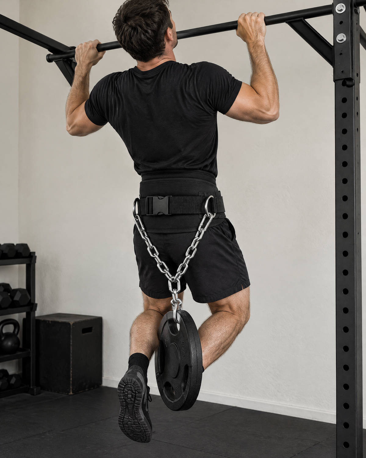 Dip belt with chain in use for a weighted pull-up with a plate